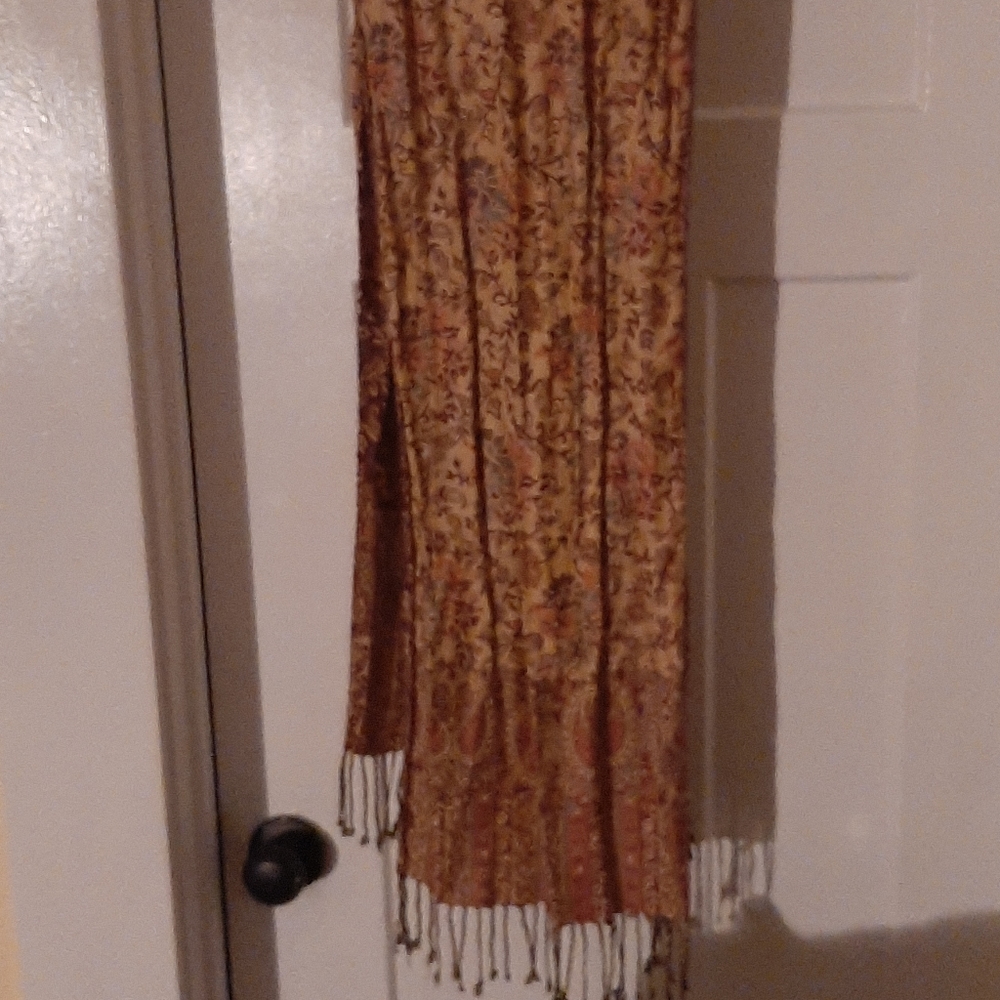 LONG  cream, mauve reversible fringe floral scarf